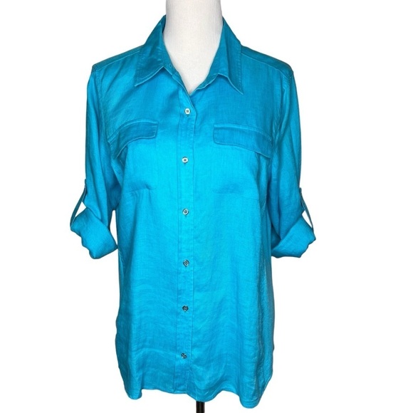 Calvin Klein Teal Blue 100% Linen Long Roll Tab Sleeve Button Up Shirt Size 1X - Picture 1 of 14